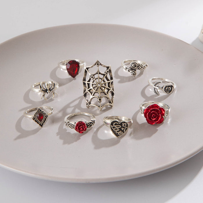 Conjunto de anillos góticos con forma de corazón y rosa: anillos de Halloween con forma de araña y corazón para mujer