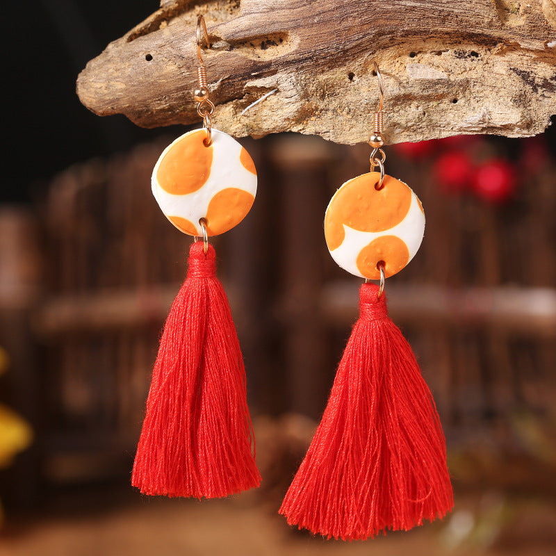 Western Cow Print Tassel Earrings with Soft Clay Design