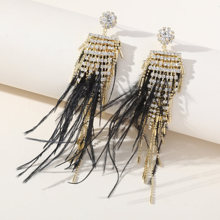 Black Ostrich Feather Rhinestone Earrings - Trendy Long Tassel Jewelry for Women