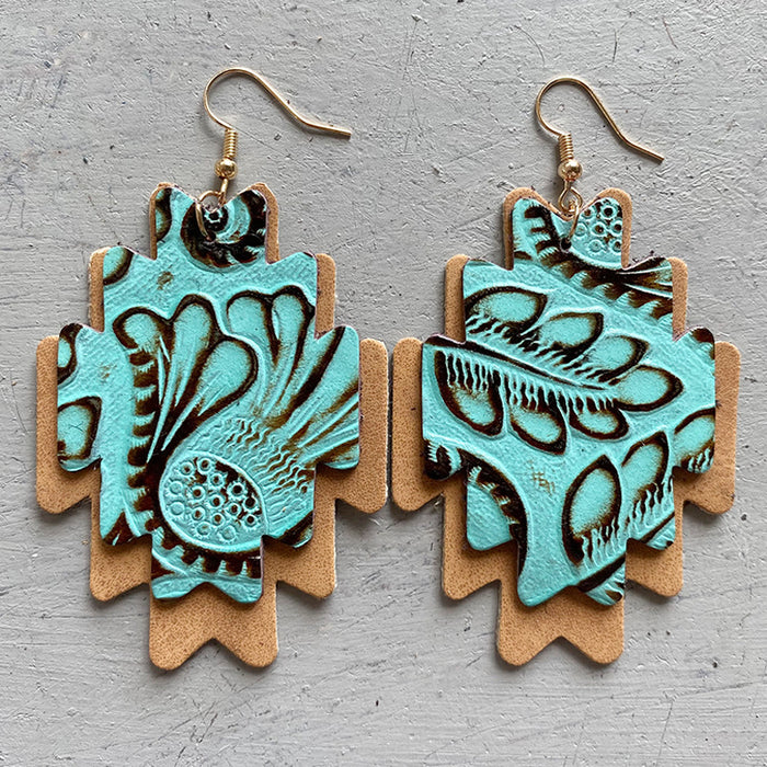 Double Layer Aztec Embossed Leather Earrings with Vintage Style