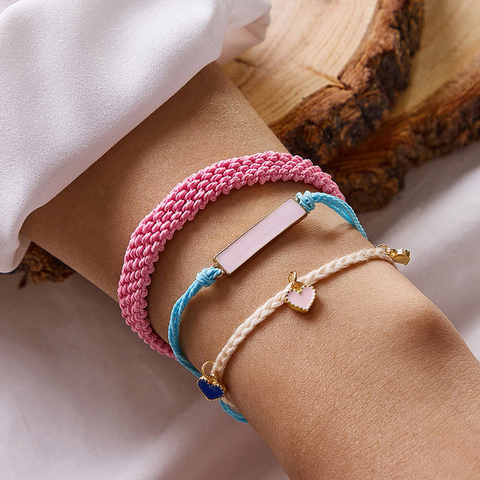 Bohemian Three-Piece Bracelet Set with Heart Pendant and Woven Rope - Casual Beach Jewelry