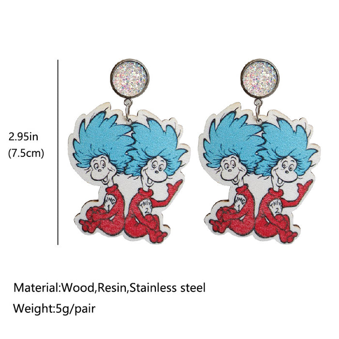 School season wooden cartoon reading earrings