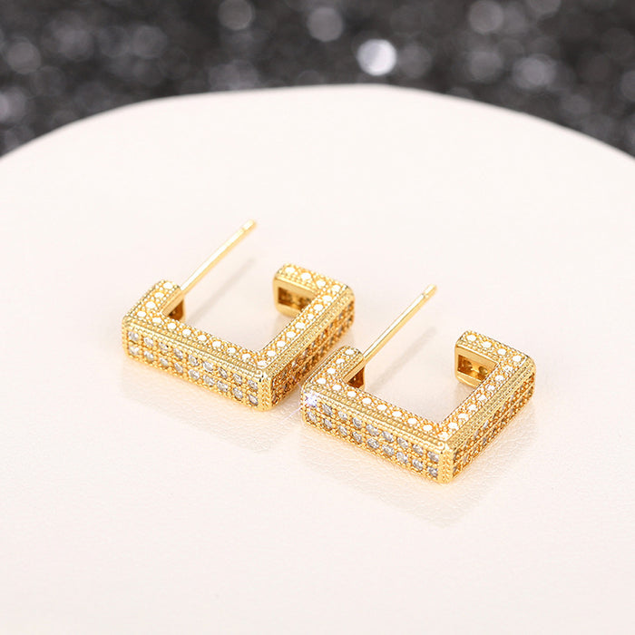 Heavy-duty geometric earrings, micro-inlaid diamond square earrings, luxury fashion earrings for women