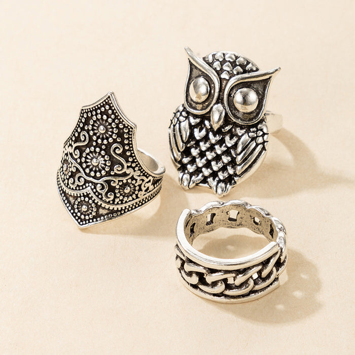 Vintage owl ring three-piece geometric chain totem combination