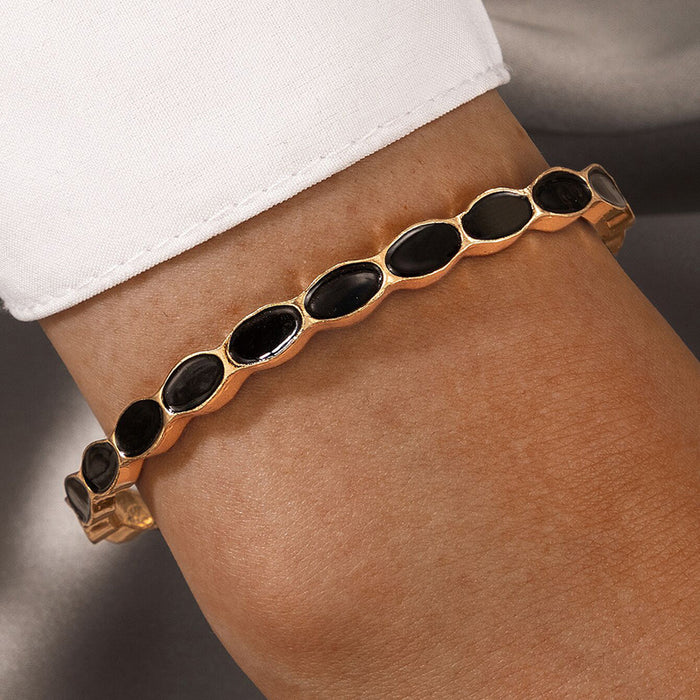 Black Enamel Adjustable Bracelet - Alloy Geometric Open Cuff Single Bracelet