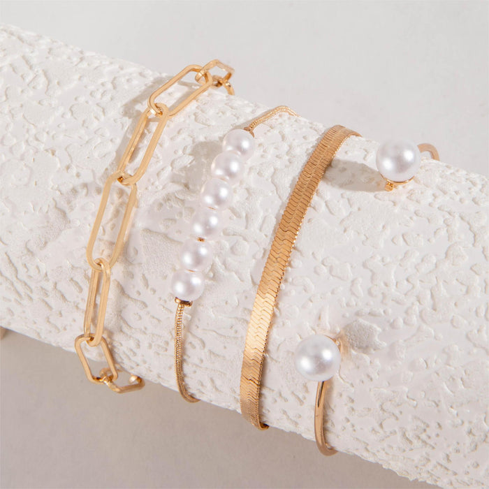 European Minimalist Faux Pearl Open Cuff Bracelet Set - Geometric Metal Beaded Jewelry