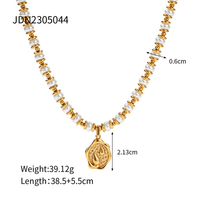 18K Gold-Plated Stainless Steel Pearl Coin Pendant Necklace - Fashionable Women's Jewelry Wholesale