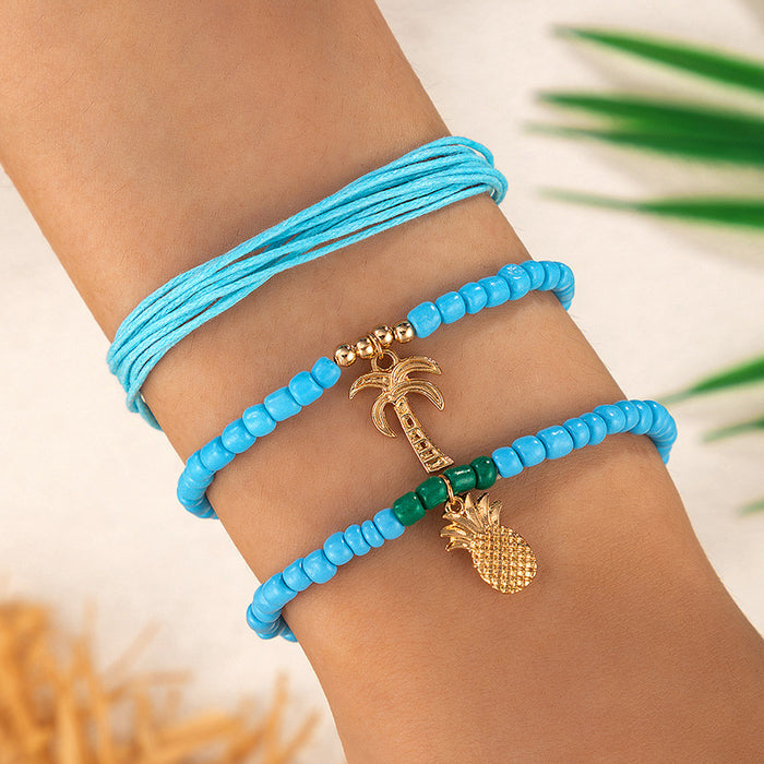 Tropical Pineapple and Palm Beach Beaded Alloy Bracelet Set