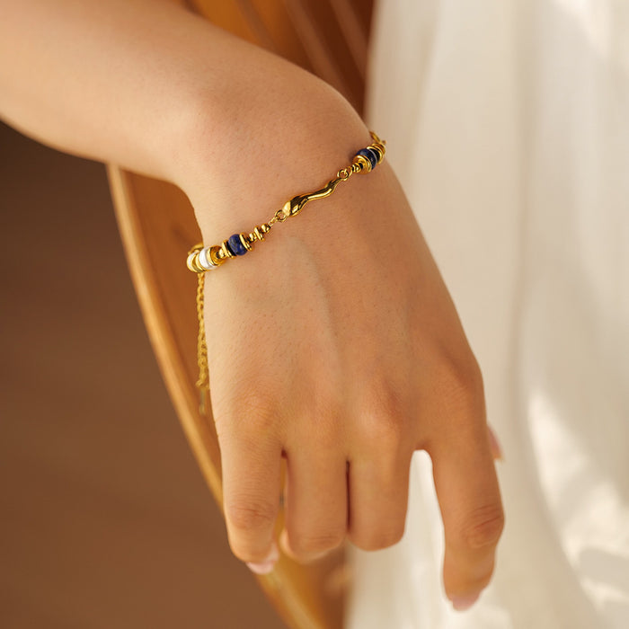 18K Gold Plated Stainless Steel Pearl and Lapis Lazuli Teardrop Bracelet - Trendy Fashion Jewelry