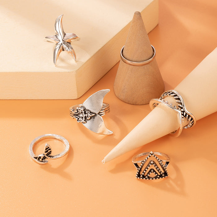 Ocean style starfish fishtail octopus multi-piece ring, geometric animal ring six-piece set