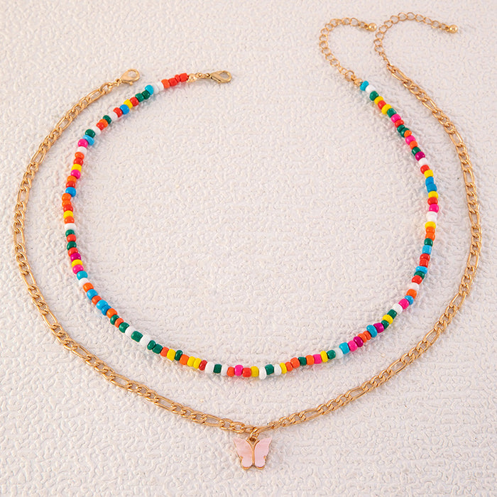 Double Layered Bohemian Necklace with Butterfly Pendant - Colorful Beaded Chain for Women