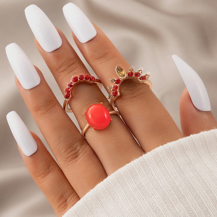 Red gemstone crown three-piece ring, opal female ring set