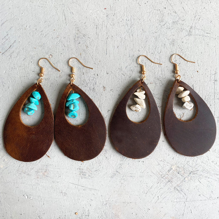 Chic Western Cowboy Earrings with Crazy Horse Leather, Turquoise, and Genuine Leather Design