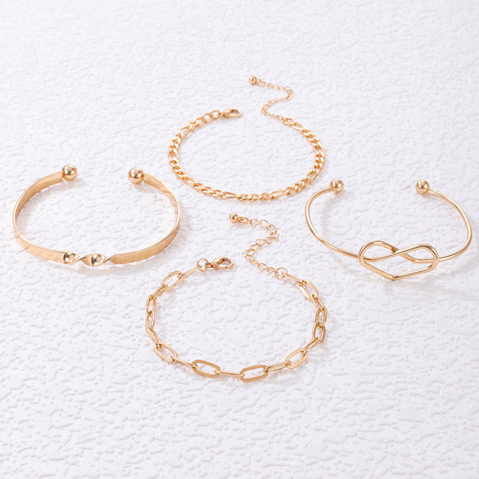 Simple Heart Open Cuff Four-Piece Bracelet Set with Geometric Chains