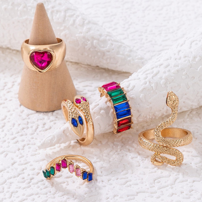 Colorful Heart Snake Crystal Gemstone Ring Set - 5pcs Stylish Rings