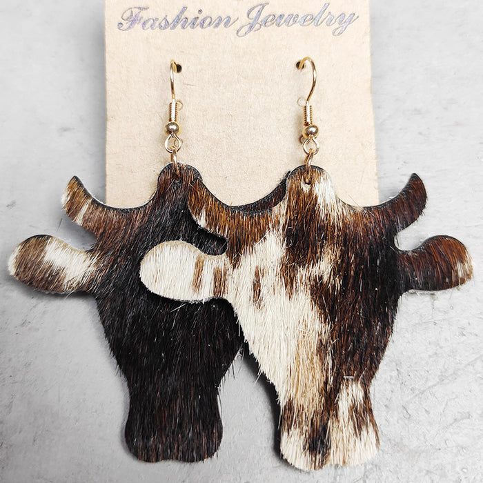 Simple Cow Print Leather Earrings with Bullhead Design