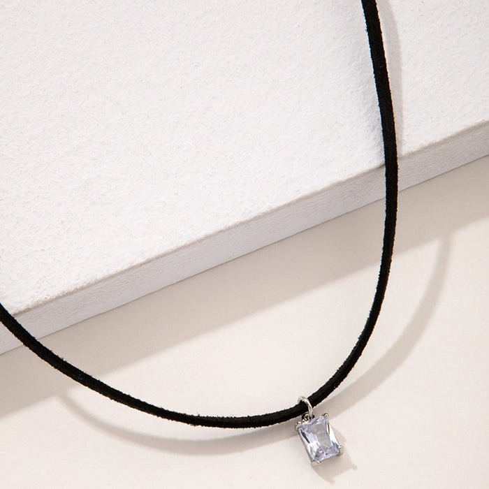 Black Rope Choker Necklace with Square Pendant - Simple and Versatile Accessory