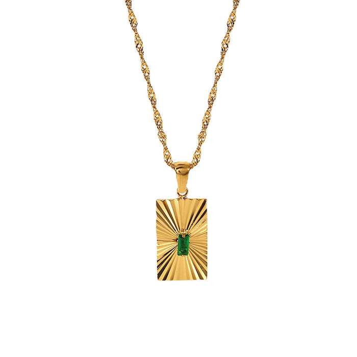 French Style Vintage Necklace - Green Emerald Zircon Pendant with 18K Gold-Plated Stainless Steel Chain