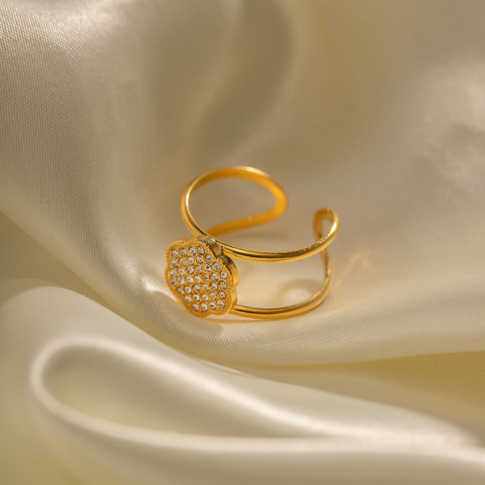 18K Gold Plated Stainless Steel Full Zircon Floral Open Ring - Minimalist Design