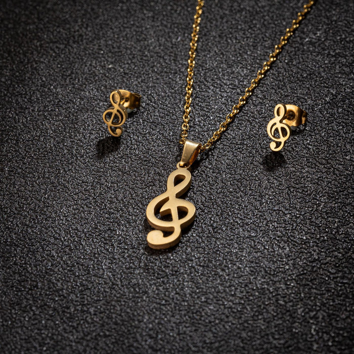 Music series musical note pendant necklace earrings three-piece set, Korean sweet stainless steel jewelry