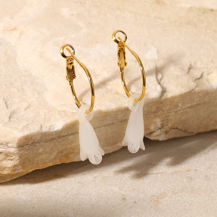 Pendientes de aro de acero inoxidable chapados en oro de 18 quilates de estilo vintage y de moda: pendientes colgantes de magnolia semipreciosa para mujer