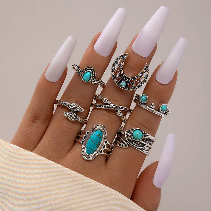 Turquoise retro feather crescent snake-shaped eight-piece ring set