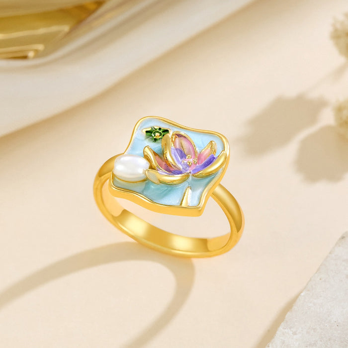 Wholesale copper micro-inlaid enamel painted drip flower open ring