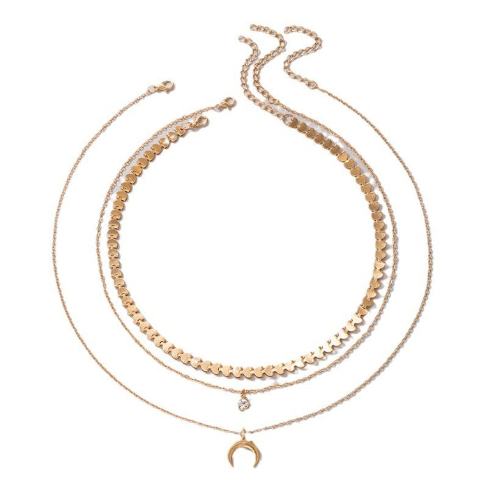 Triple Layered Moon Pendant Necklace - Gold Chain with Dainty Charms