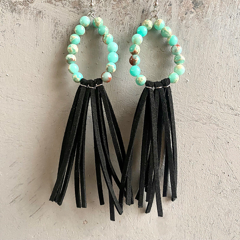 Western Leather Tassel Earrings with Cowboy Theme and Aztec Cutout