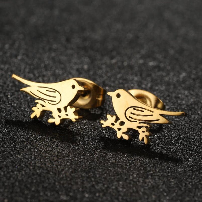 Spring Bird and Flower Stainless Steel Stud Earrings - Fresh and Elegant 18K Gold Plated Jewelry