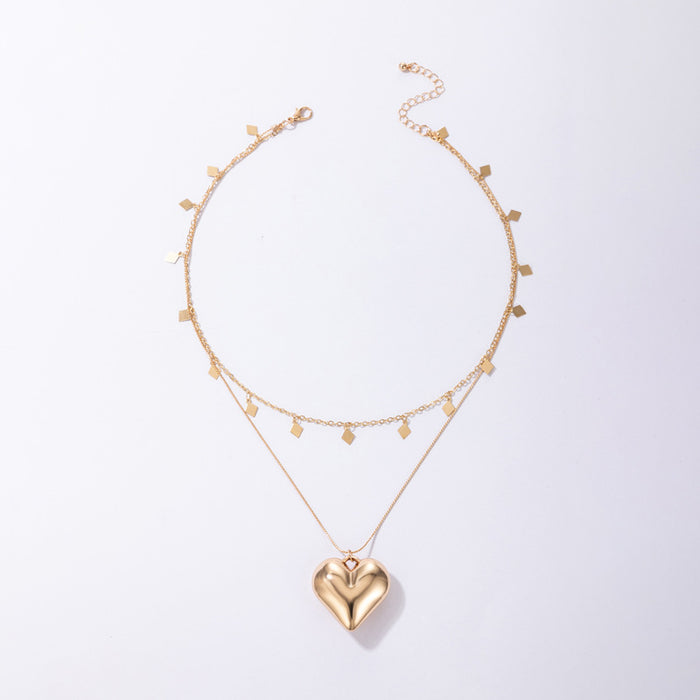 Alloy Heart Pendant Double-Layer Necklace - Geometric Rhombus Round Piece Multilayer Choker