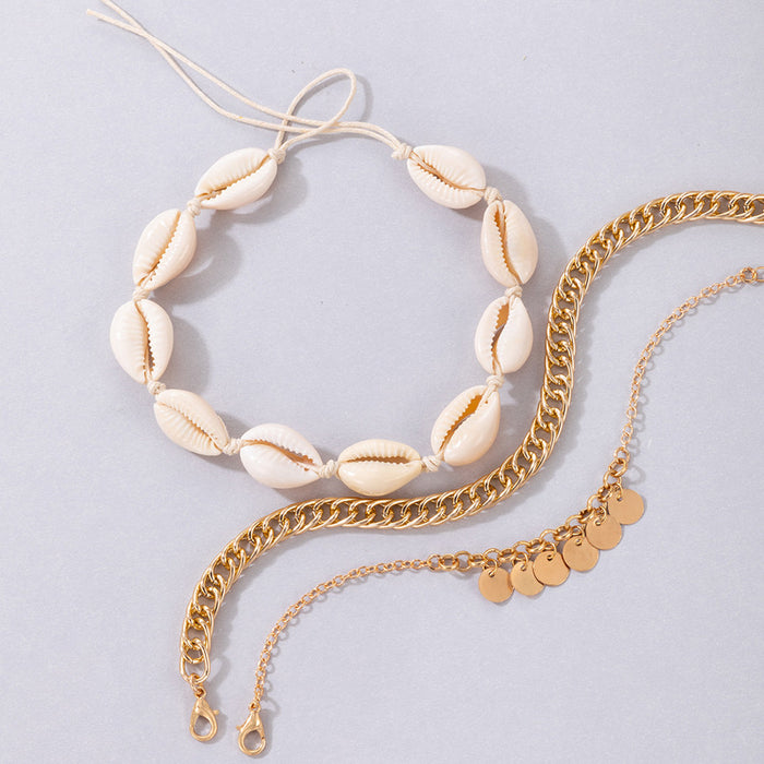 Beach-Style Shell Triple-Layer Anklet with Geometric Disc Chain Design