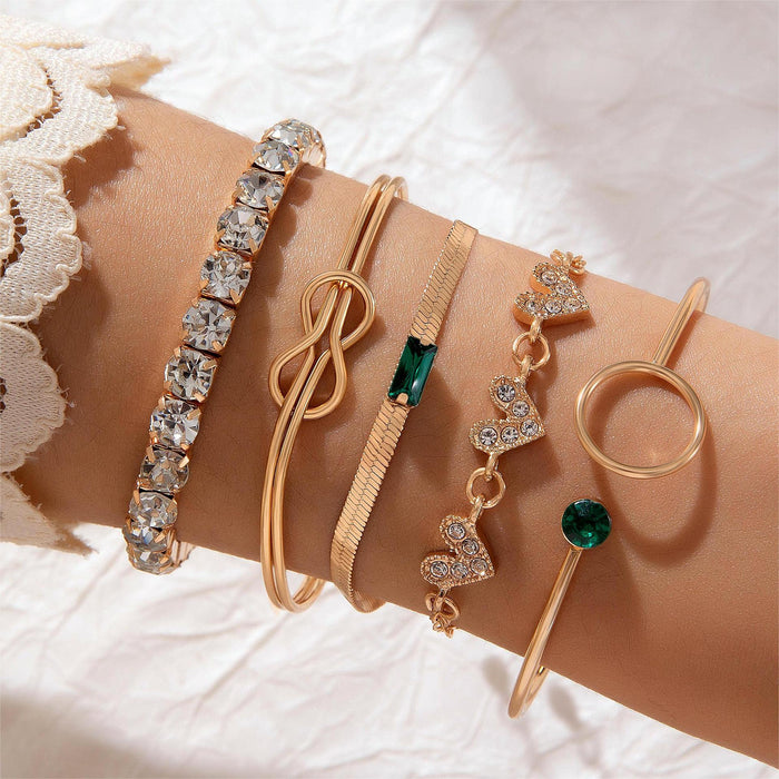 Heart and Geometric Bracelet Set - Five-Piece Diamond-Inlaid Jewelry