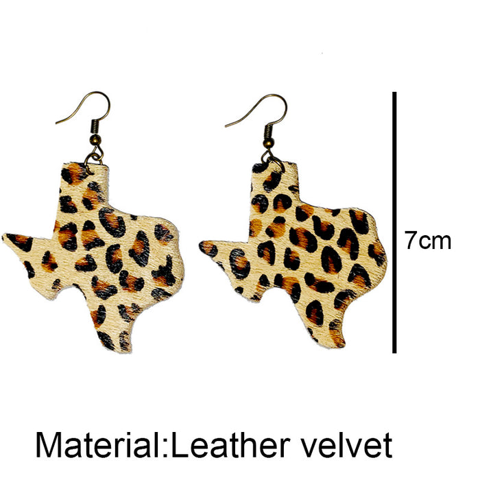 Leopard Print Leather Earrings - Texas Map Fur Design