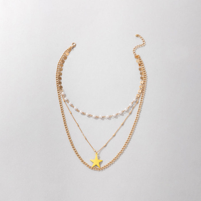 Yellow Painted Star Triple-Layer Necklace - Pearl Geometric Round Piece Multilayer Choker