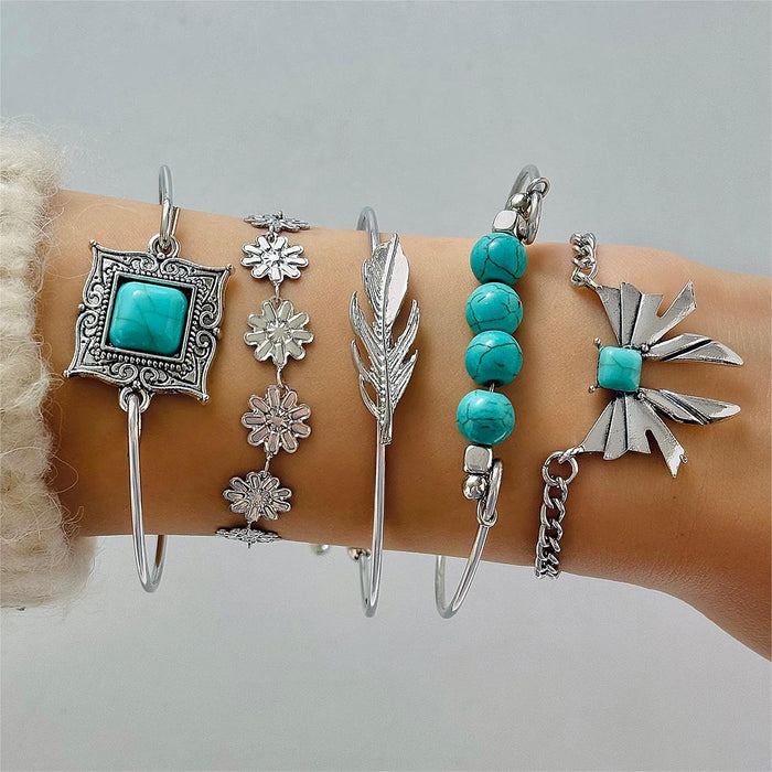 Bohemian Turquoise Leaf and Butterfly Bracelet Set – Ethnic Flower Jewelry