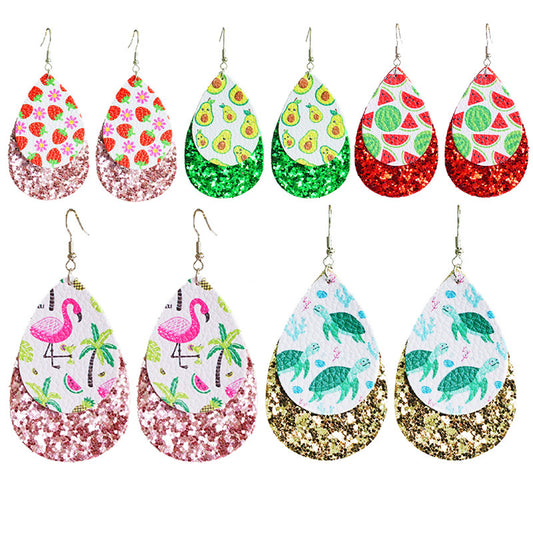 Summer Fresh Leather Earrings with Turtle, Watermelon, and Flamingo Designs