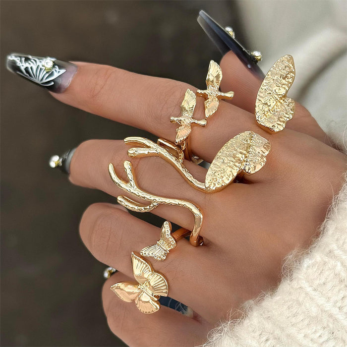 Butterfly and Antler Ring Set - 4-Piece Gold-Toned Bird Wing Rings