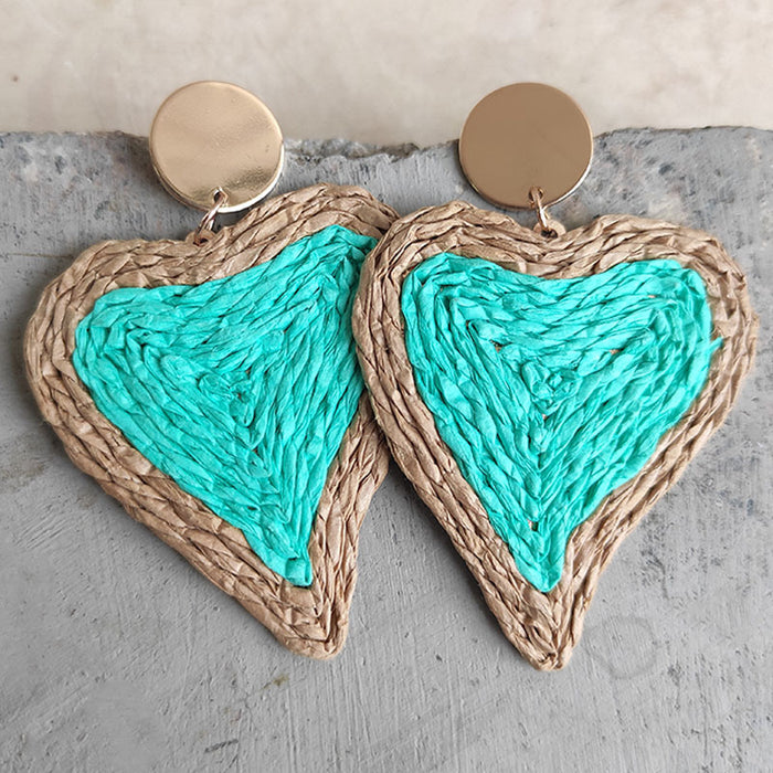 Hot Selling Heart Woven Earrings with Colorful Raffia Grass for Beach Style