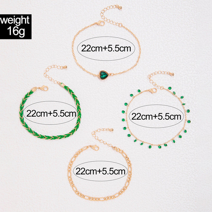 Green Heart Rhinestone Anklet Set with Woven Rope - Multilayer Beach Jewelry