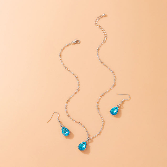 Blue Rhinestone Waterdrop Earrings and Necklace Set - Alloy with Faux Gemstones