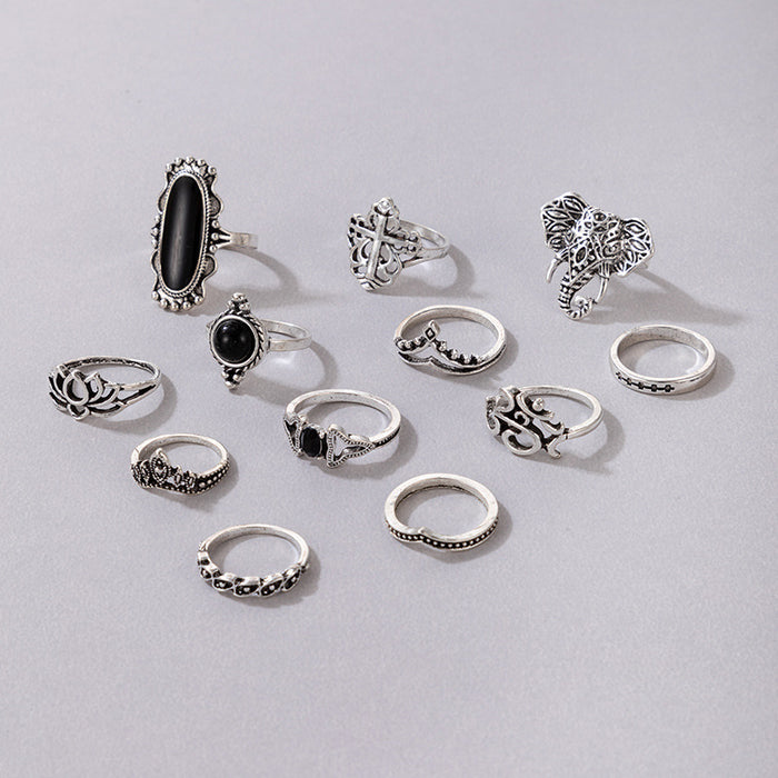 Vintage Lotus Animal Geometric Rings - 12pcs Set