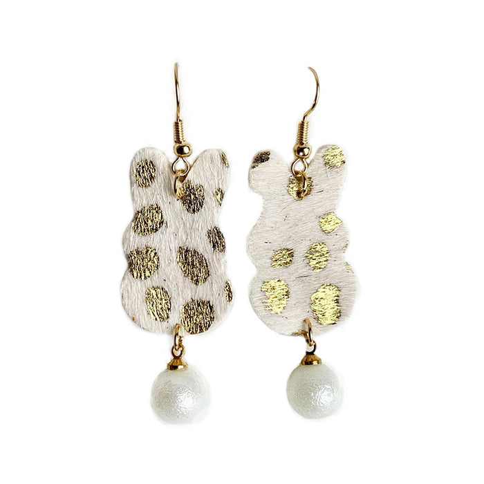 Easter Bunny Earrings with Faux Pearl Pendant, Leopard Print, and Gold Dots on Cowhide Leather