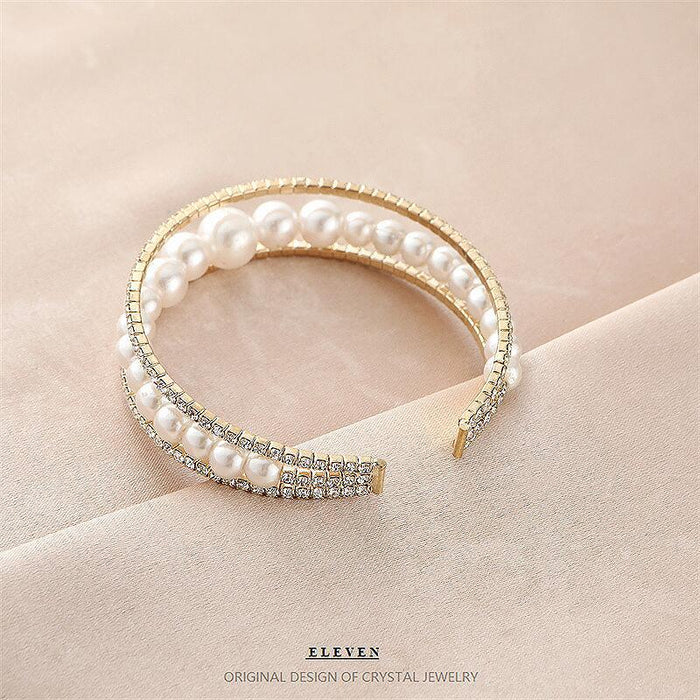 Korean Fashion Crystal Bracelet - Versatile Open Cuff with Faux Pearls, Stylish and Elegant