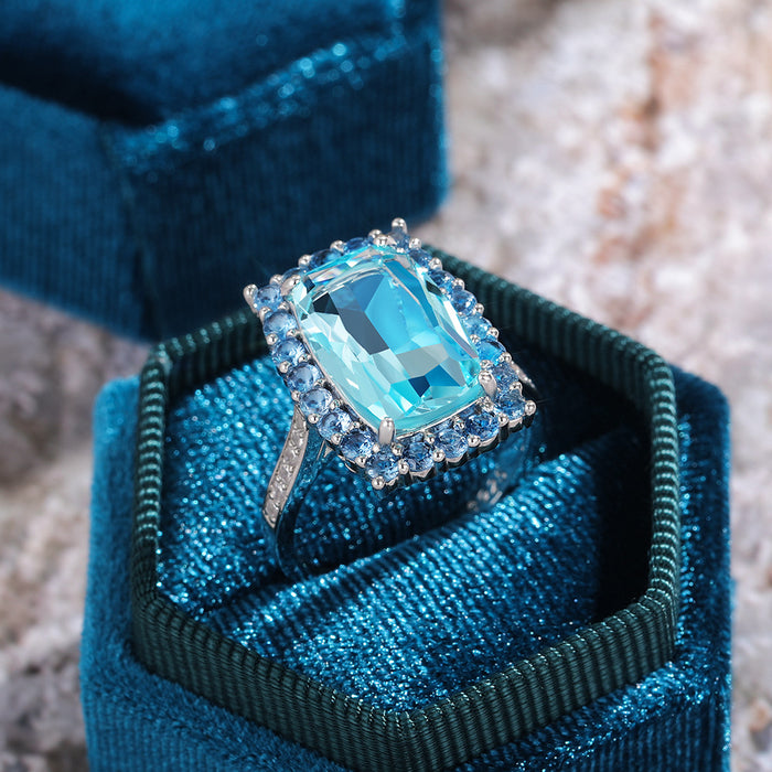 Anillo de boda europeo y americano con circonita azul cielo rectangular grande de moda para dama