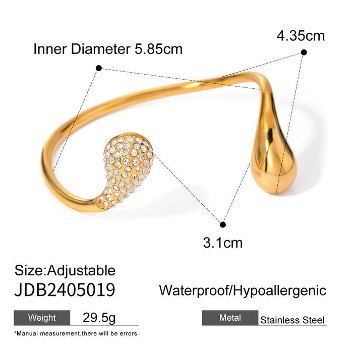 18K Gold Plated Stainless Steel Bracelet - Asymmetrical Teardrop Zircon Open Jewelry for Women