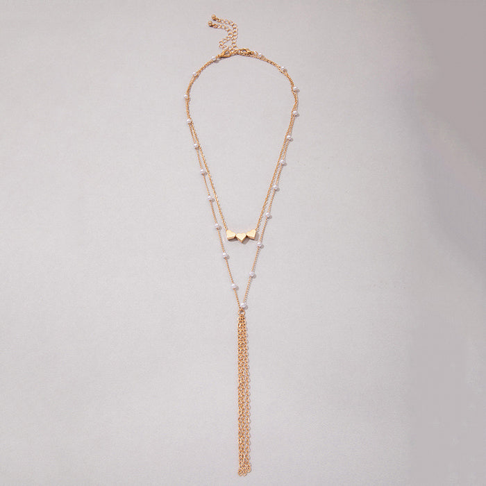 Dual Layered Heart Pendant Necklace with Pearl Tassel - Elegant and Feminine Accessory