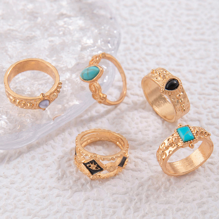 Bohemian Turquoise Gemstone Ring Set - 5pcs Geometric Versatile Rings