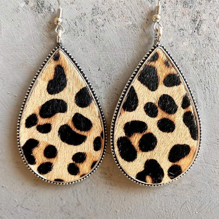 Textured Cowhide Leather Earrings with Leopard Print and Western Style