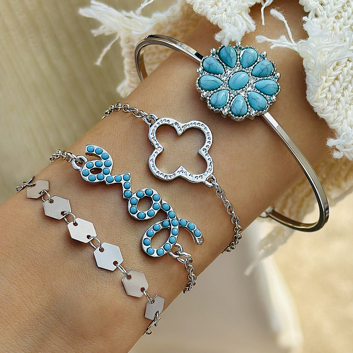 Bohemian Turquoise Leaf and Butterfly Bracelet Set – Ethnic Flower Jewelry